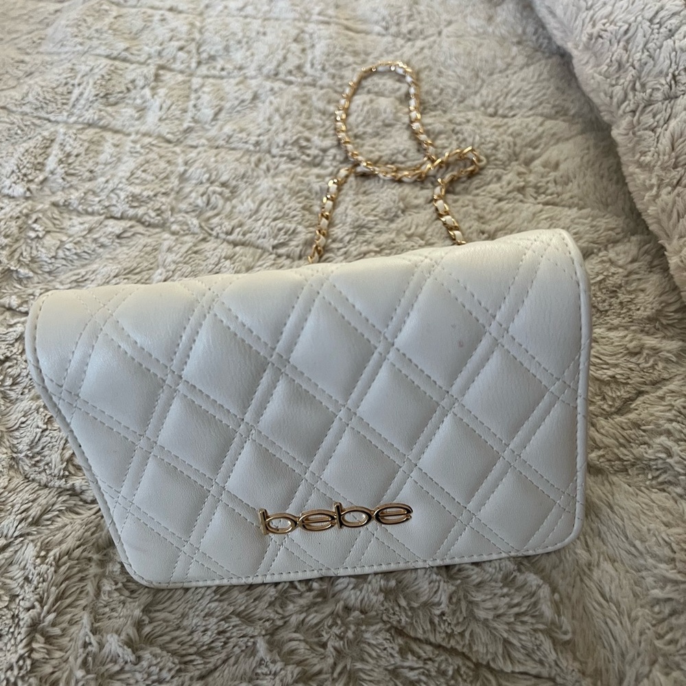 BeBe Quilted White Crossbody Bag with Gold Chain